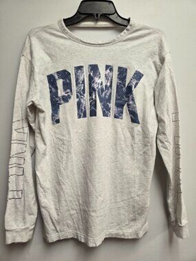 VS PINK Marble Logo Open Back Campus Tee Heather Gray XS Oversized Long Sleeve